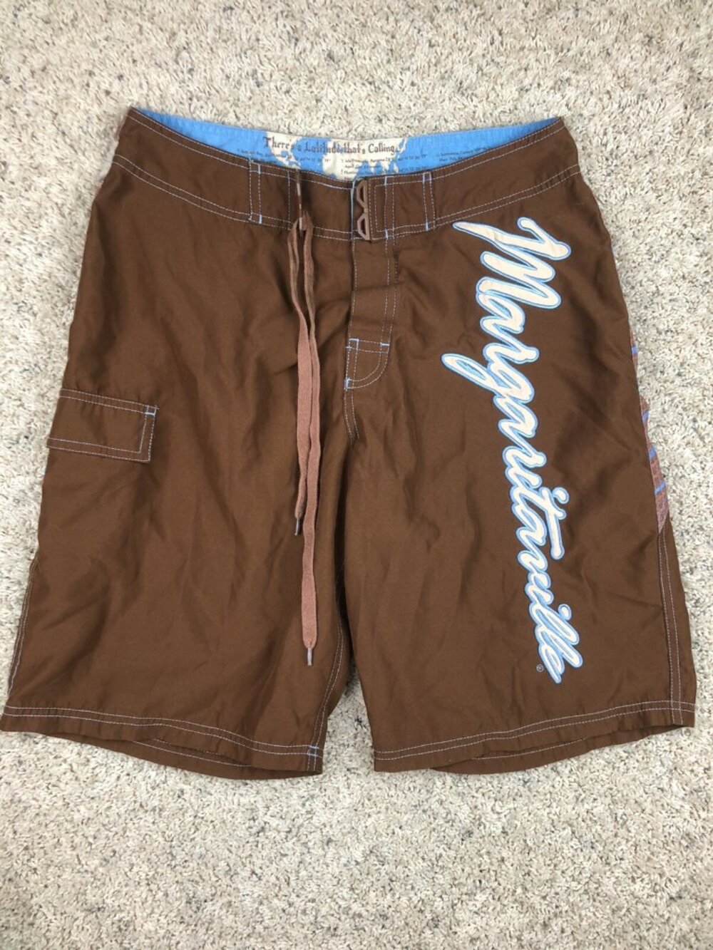 Margaritaville Mens Swim Trunk Shorts, Blue Brown Size S World Map Geography